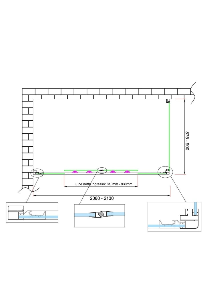 Box doccia 6 mm H 190 parete fissa e porta a 4 ante con apertura centrale MISURA 87,5-90 ANTA FISSA + PORTA 208-213