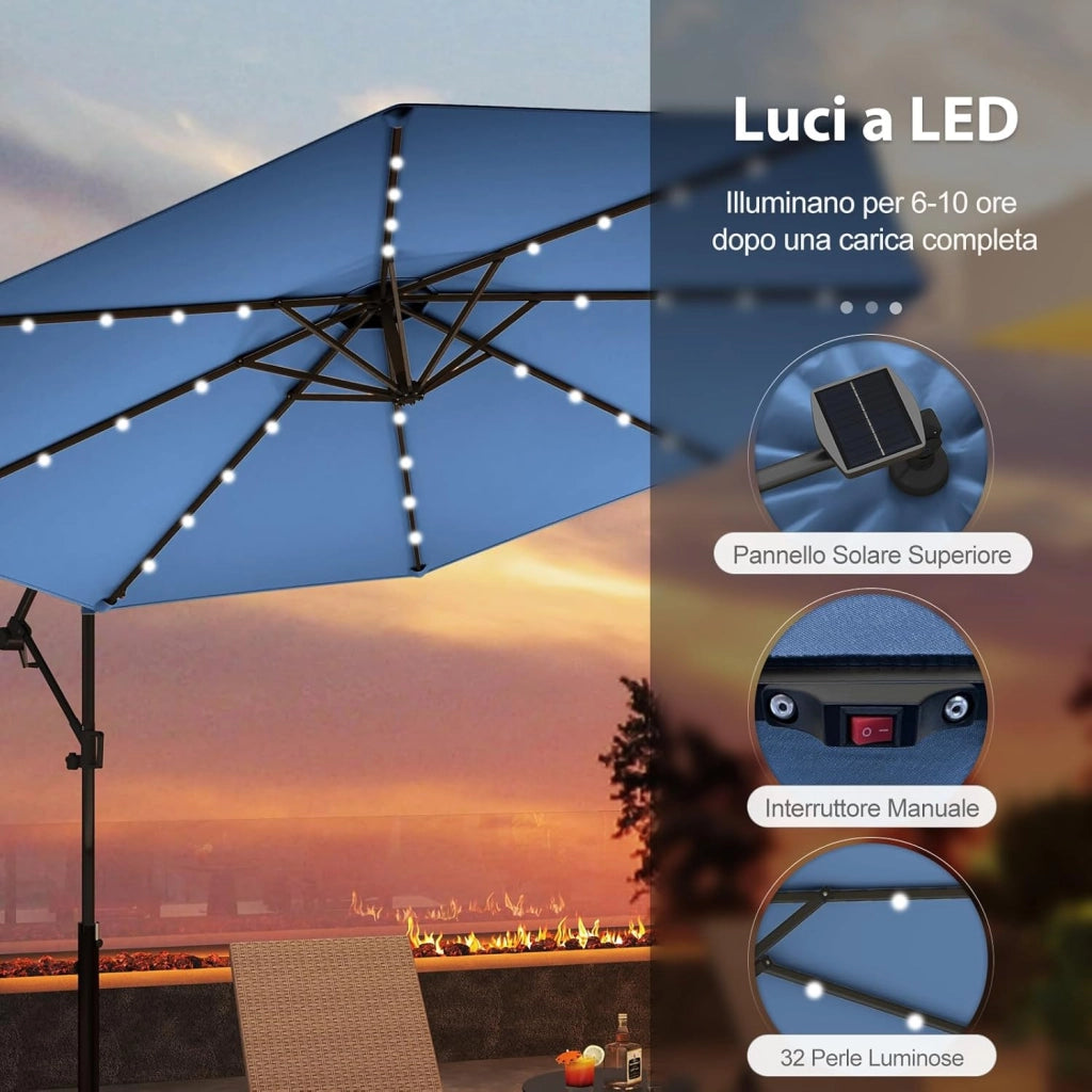 Ombrellone da Giardino ∅300 cm con 32 Luci LED, Ombrellone Prendisole con Rotazione di 360°, Inclinazione Regolabile, 8 Stecche, Manovella, per Giardino Piscina Cortile (Blu)
