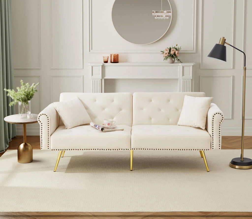 DIVANO LETTO 2 posti reclinabile 147x85 cm velluto Beige con 2 cuscini