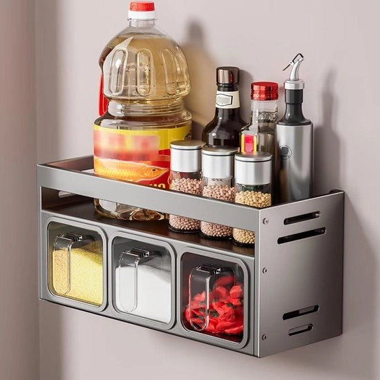 Organizzatore per Spezie con Vaschette per Spezie e Supporto per Parete - Organizzatore per Spezie per Lavabo/Armadio - Organizzatore per Spezie da Appendere senza Forare