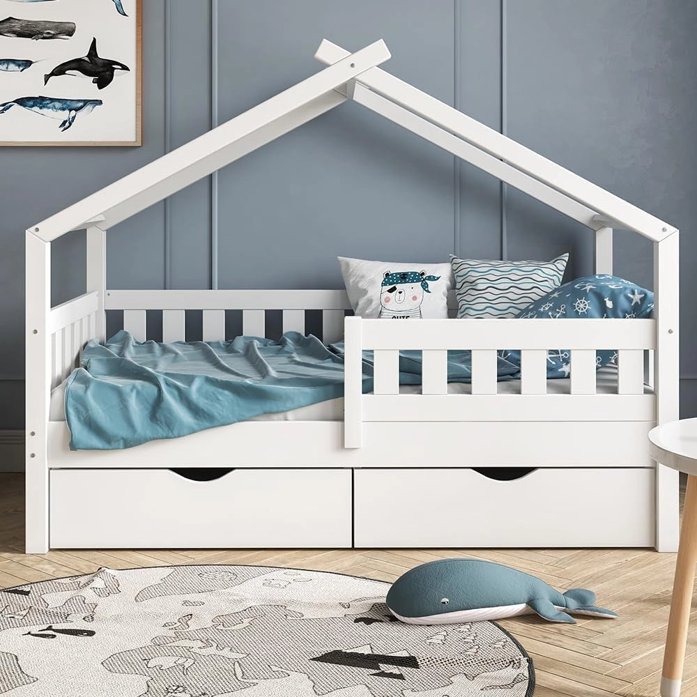 Letto montessori bambini Design, Bianco, 80x160 cm con 2 cassetti e materasso, adatto come area giochi e zona notte per bambini