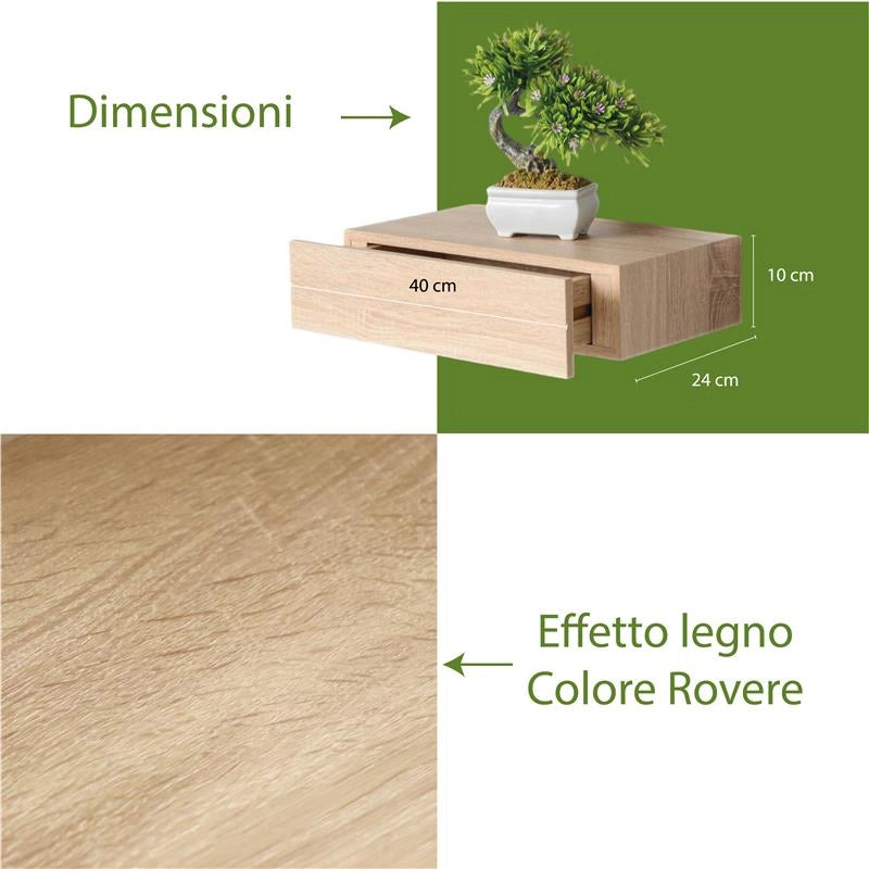 MENSOLA CON CASSETTO COLORE ROVERE SBIANCATO DA PARETE SISTEMA REGGIMENSOLA A SCOMPARSA 40 X 24 X 10 CM
