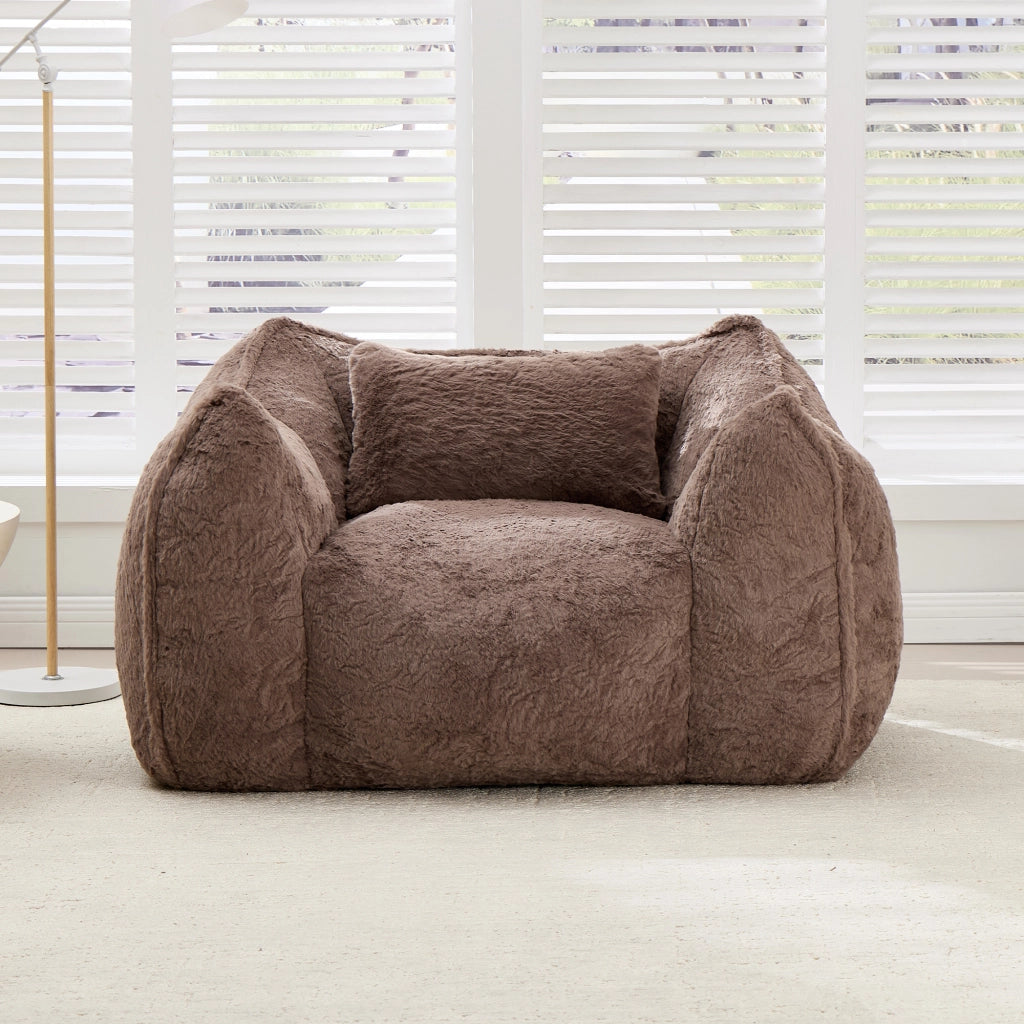 Fauteuil pouf in pelliccia sintetica con schienale ergonomico e imbottitura in schiuma, per salotto e camera da letto, khaki
