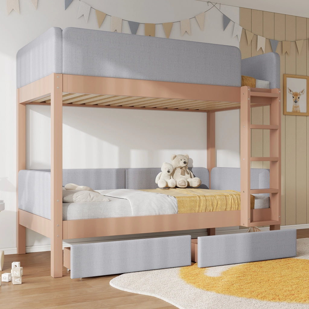 OKWISH Letto a Castello 90×200 cm, Letto Singolo con 2 Cassetti, Scala Dritta a 4 Gradini e Sponde di Sicurezza, senza Materasso, Grigio