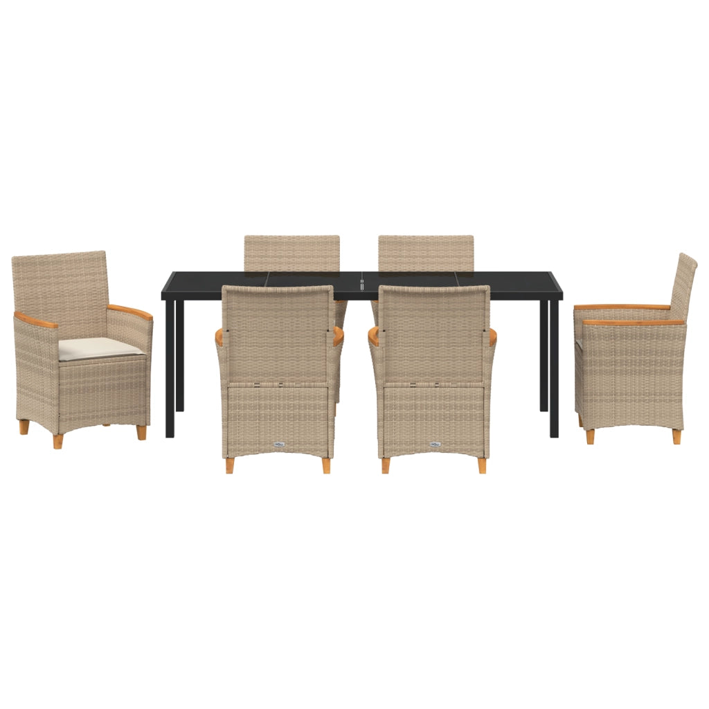 Set da Pranzo da Giardino da 7 Pezzi con Cuscini Beige in Rattan Poly