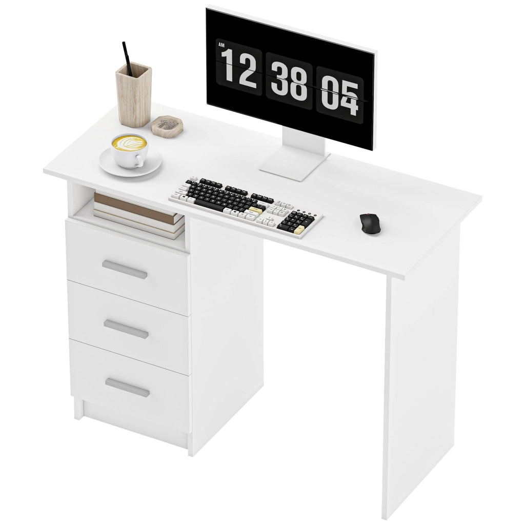 Scrivania Moderna in Legno con 3 Cassetti e Ripiano Aperto, 100x40x75 cm, Bianca e Marrone