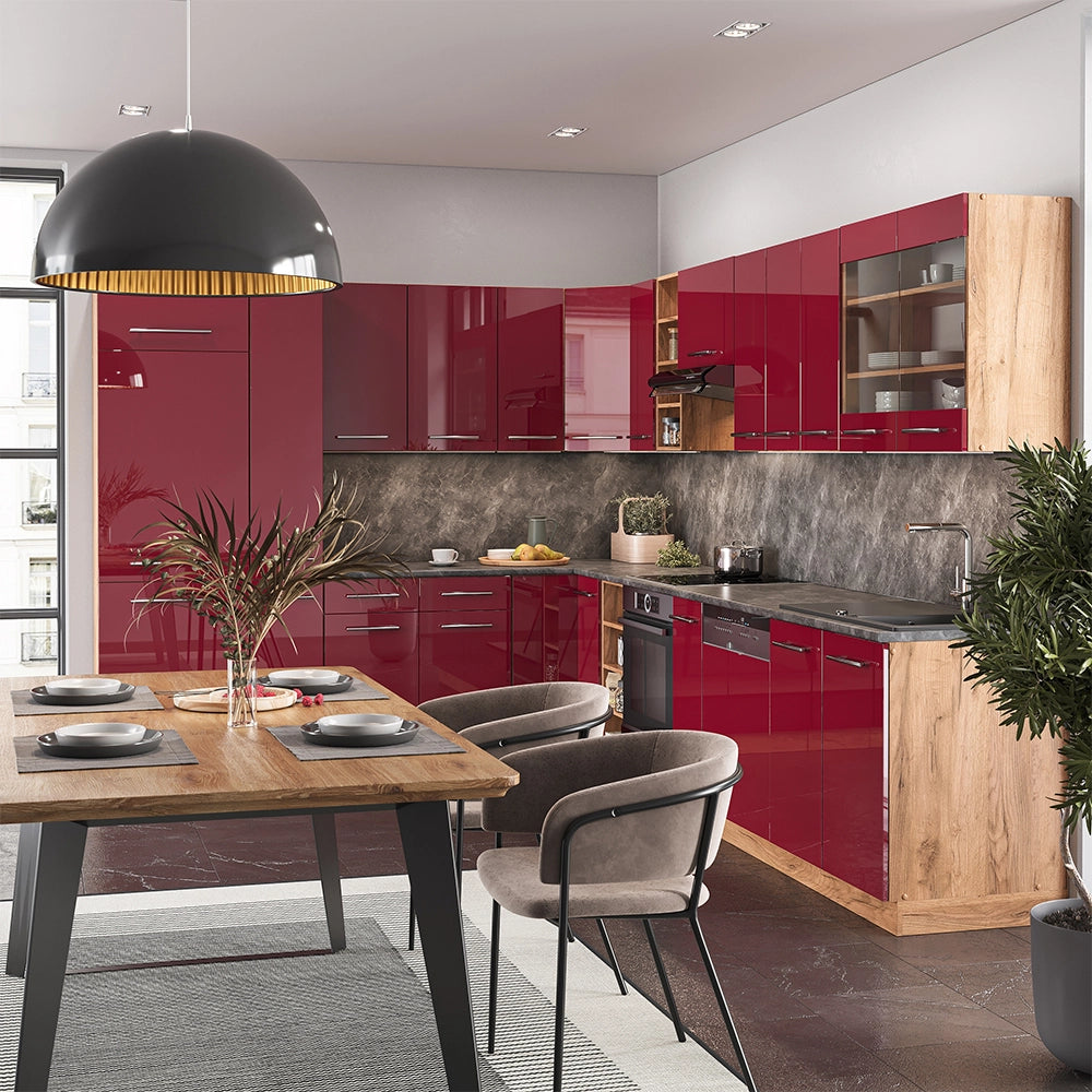 Cucina angolare completa Fame-Line Bordeaux lucido/Rovere dorato 347 x 60 cm, PL Rovere Vicco