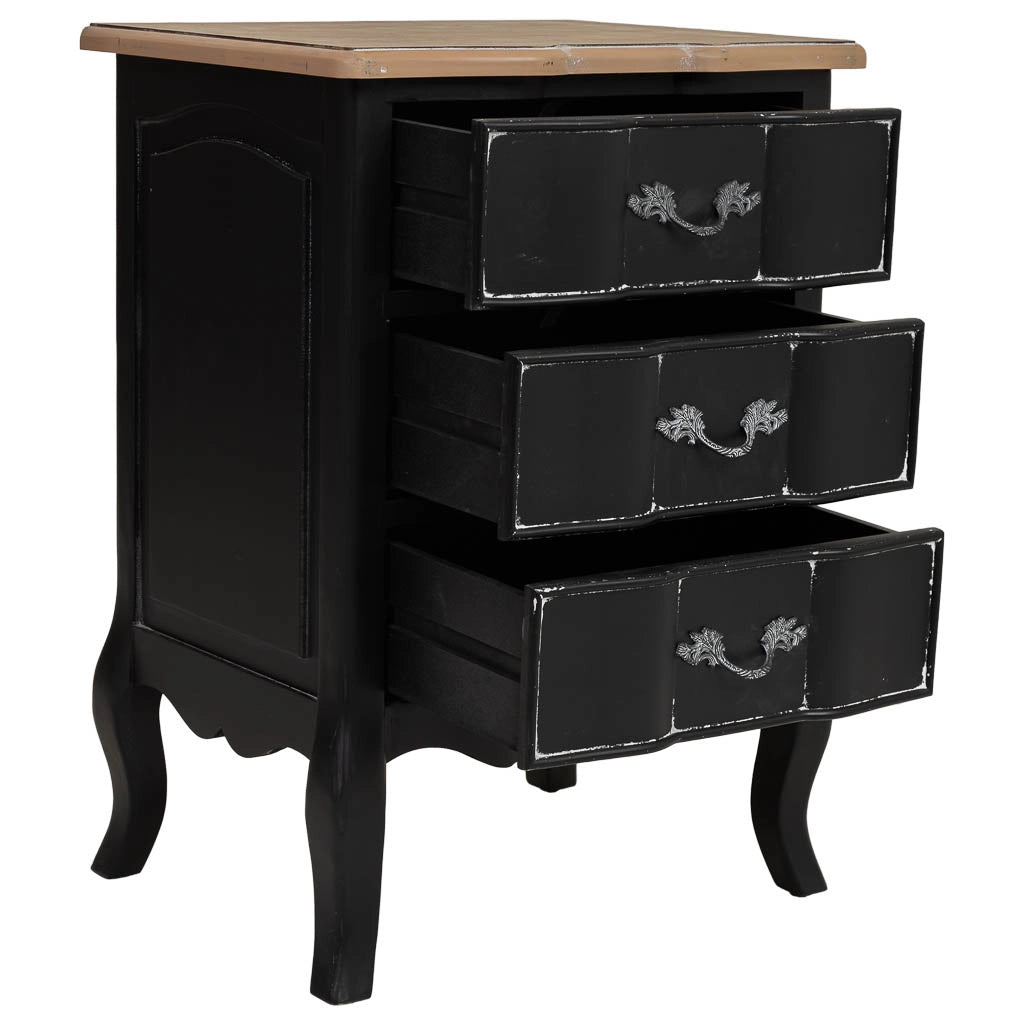 Tavolino in legno laccato nero invecchiato con 3 cassetti 50x40x70