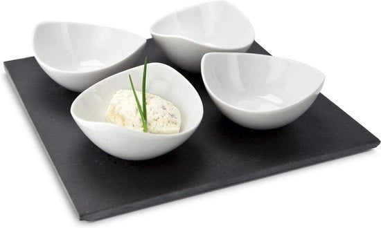 Servizio per antipasti 5-delicato, 4 piatti a quattro zampe e 1 piatto di pietra, per servire dips, salse o marmellate; dimensioni: ca. 25 x 25 x 6 cm