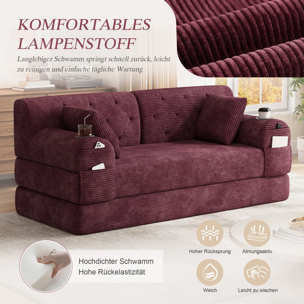 Divano letto in tessuto a coste con schienale alto, 4 tasche laterali e 2 portabicchieri, rosso vino 168 × 80 × 81 cm