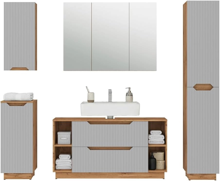 Set di mobili da bagno Lotta, Rovere/grigio a righe, 5 parti