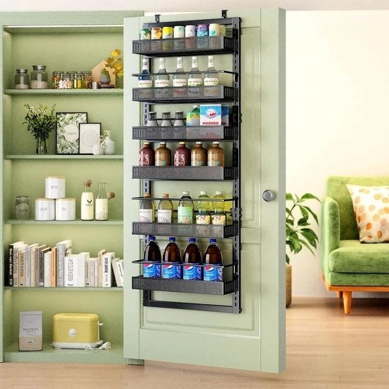 Kruidenrek perpendicolare, deurrek appeso, organizzatore per cucina, ripostiglio per porta, metallo con vetrata e contenitori regolabili (6 livelli)