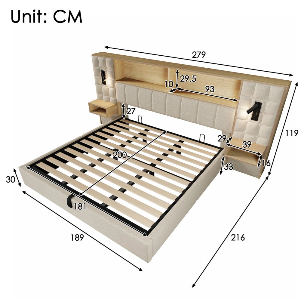 Letto matrimoniale 180x200 cm con contenitore; testiera con luci di lettura e prese USB Tipo C; beige
