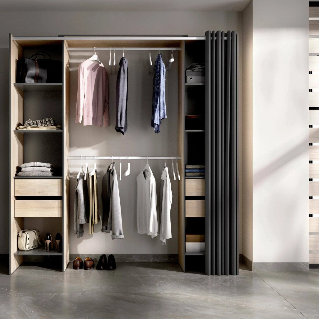 Guardaroba Era, Struttura per cabina armadio, Mobile appendiabiti aperto, 180x50h205 cm, Rovere e Antracite