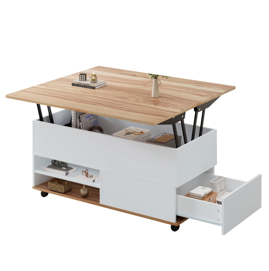 Tavolino da caffè 100x98x65 cm sollevabile con contenitore; pannello truciolare; bianco e naturale