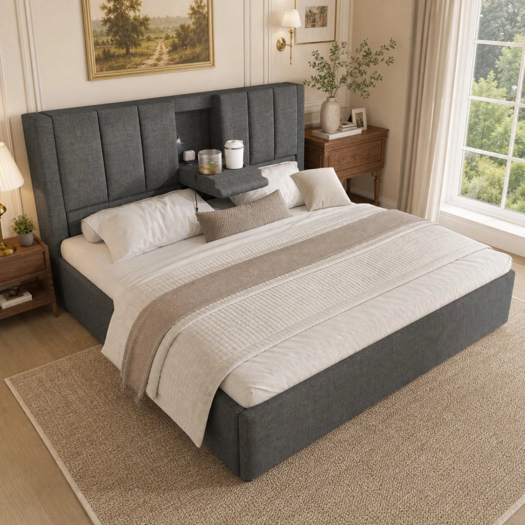 Letto imbottito 180x200 cm con contenitore, USB e portabicchieri