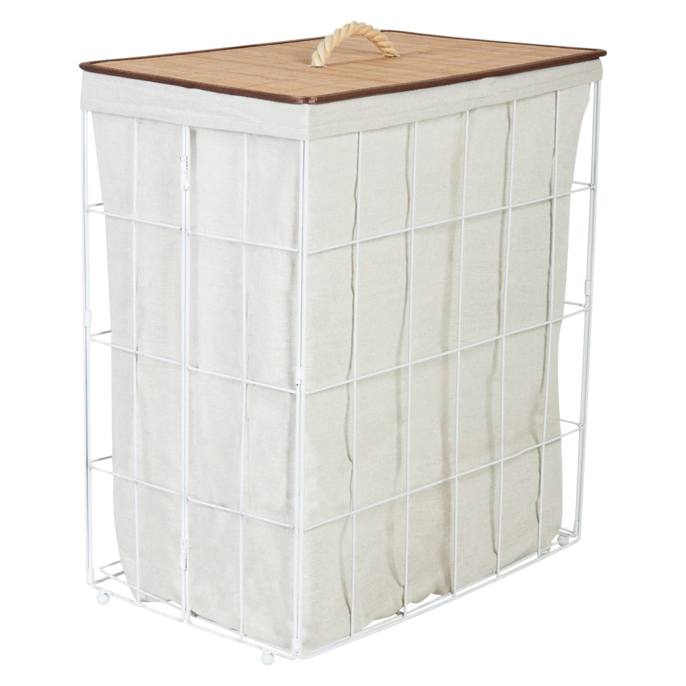 Cesto portabiancheria in metallo con coperchio rimovibile in bambù bianco e legno chiaro stile moderno