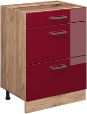 Mobiletto base per cucina R-Line, Rosso lucido, 60 cm con cassetti, senza piano di lavoro, per la libera combinazione all'interno di sistemi cucina modulari