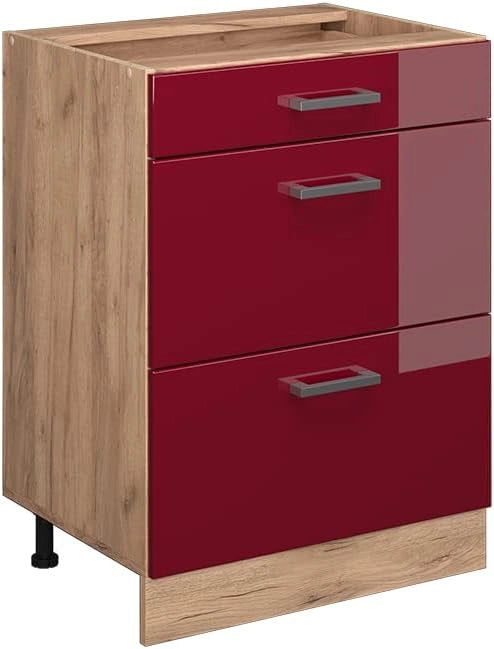 Mobiletto base per cucina R-Line, Rosso lucido, 60 cm con cassetti, senza piano di lavoro, per la libera combinazione all'interno di sistemi cucina modulari