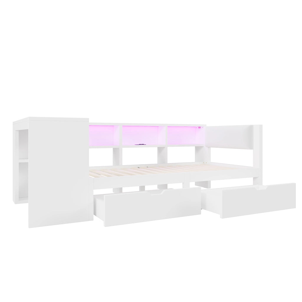 Letto a piattaforma in legno 90x200 - Zephmum - con cassetti, mensole, stazione di ricarica, testiera imbottita e luci LED colorate