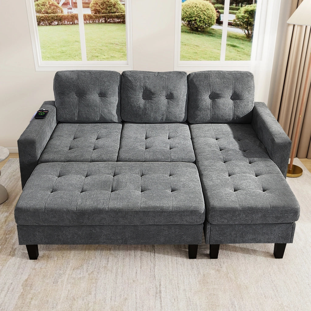 Divano angolare convertibile 3 posti con pouf mobile, LED regolabile e USB, in ciniglia grigio antico