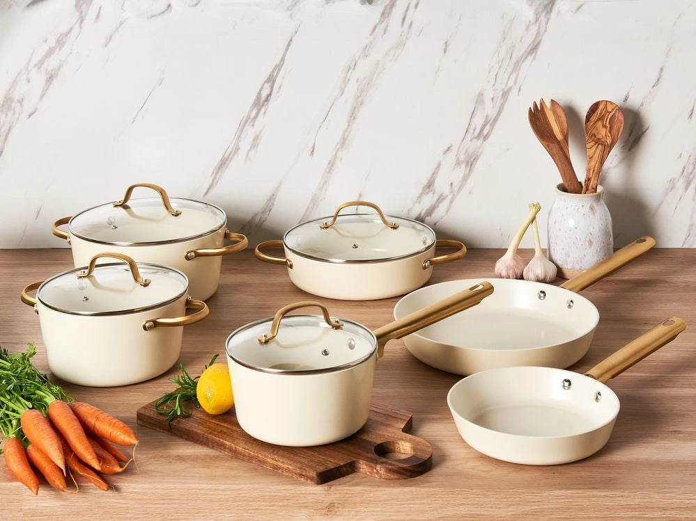 Set da cucina 10 pezzi e dimensioni con rivestimento in ceramica antiaderente in alluminio rosa