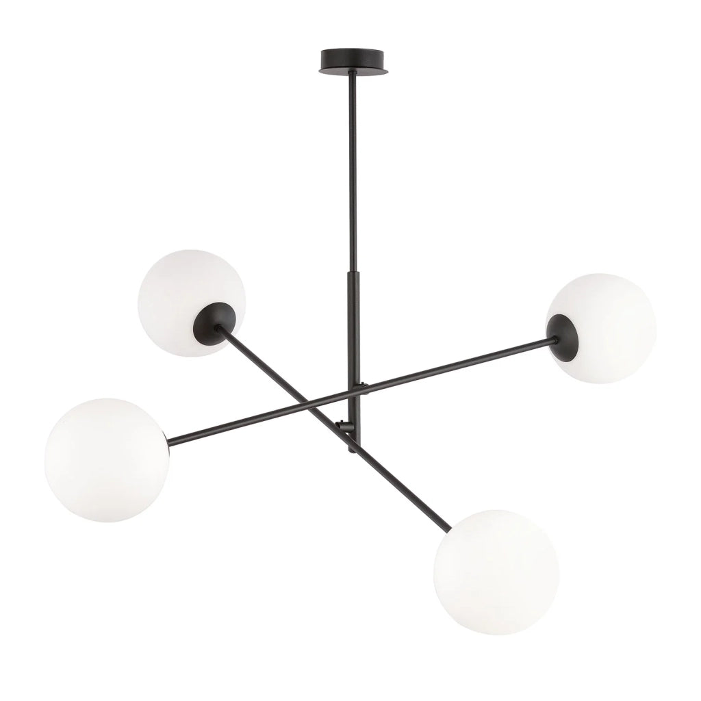 Lampadario 4 Luci Yama In Acciao Nero Con Bracci Regolabili E Vetro Opale