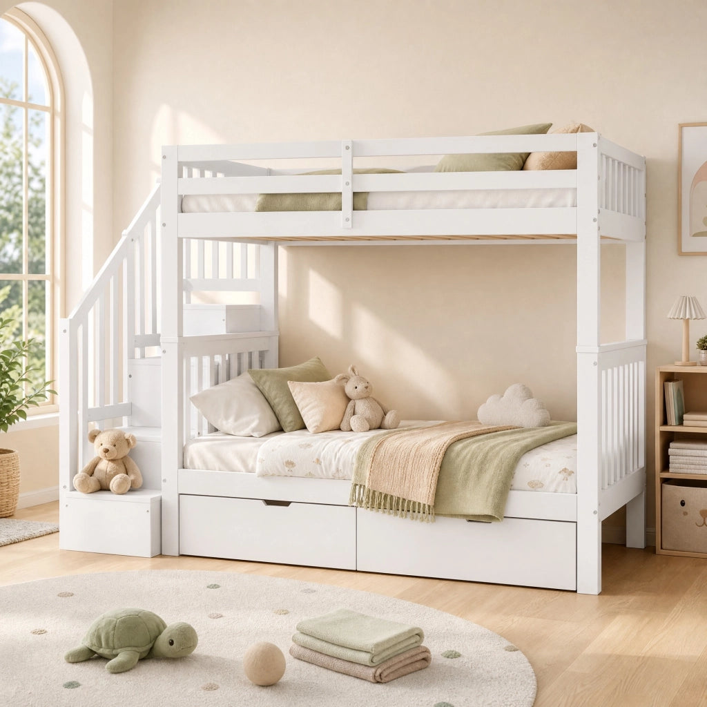 LETTO a castello con scala e 2 cassetti 90x200 cm in pino e MDF bianco