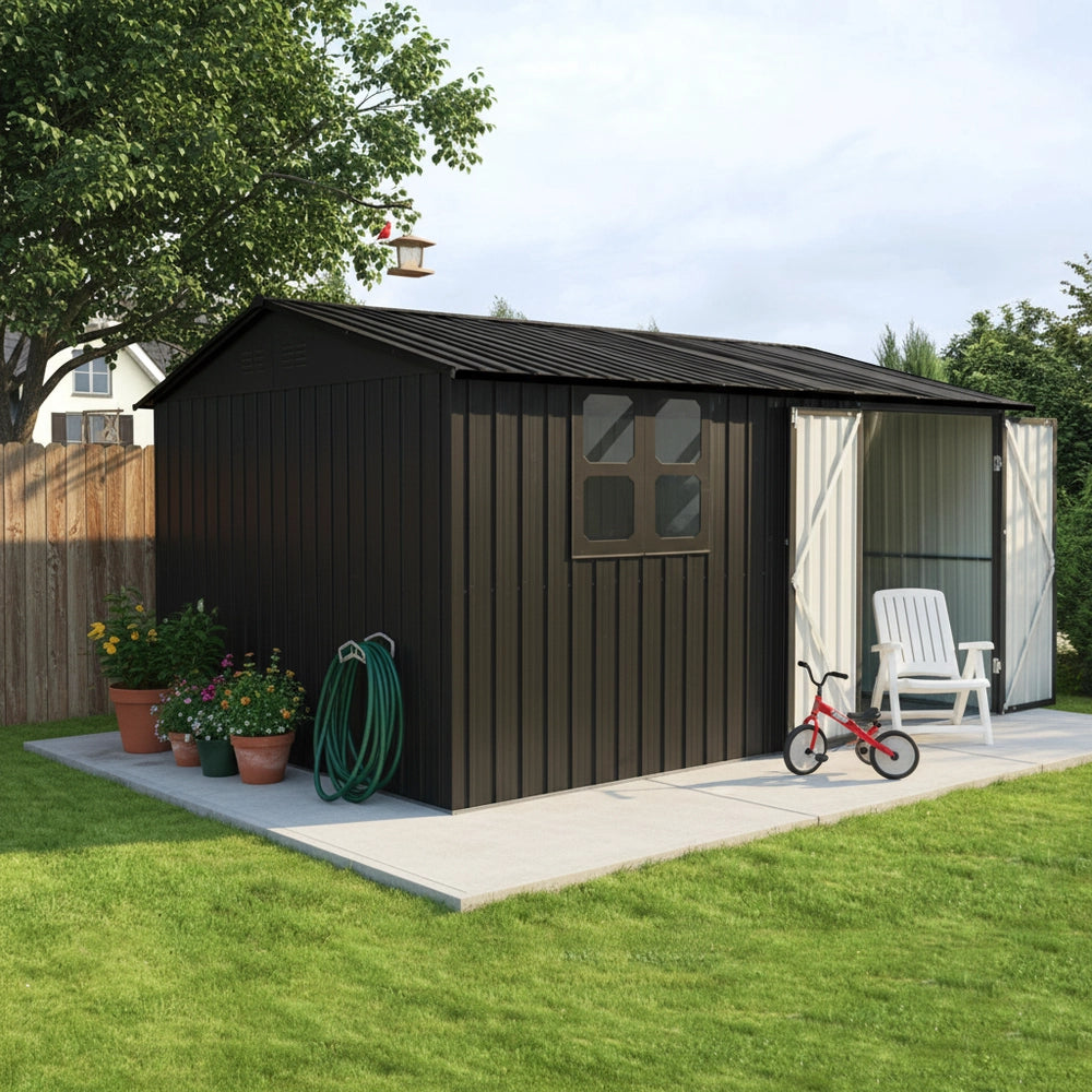 Casetta da Giardino in Metallo con Porta, Finestra e Serratura ¨C MINIMAL ¨C Nero, 362x285.5 cm