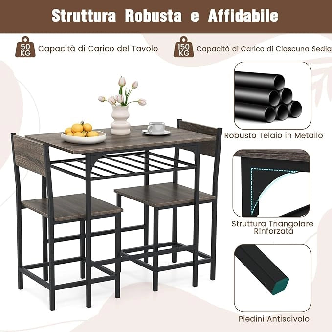 Set da Pranzo per 2 Persone, Set da 3 Pezzi di Tavolo Rettangolare in Legno e Sedie con Struttura in Metallo e Ripiano di Stoccaggio, per Angolo Colazione e Sala da Pranzo (Grigio)