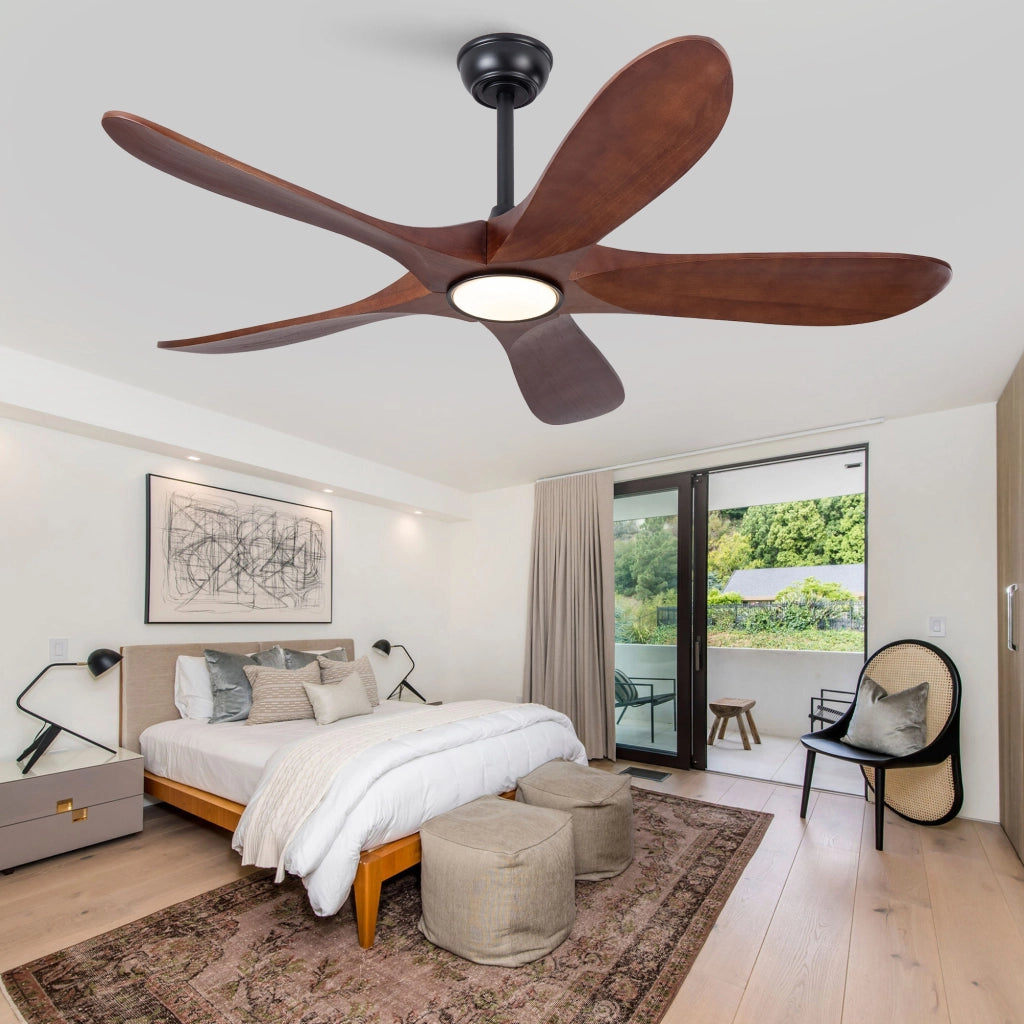 Ventilatore da soffitto con illuminazione a 5 pale; 6 velocità e timer in legno noce e nero
