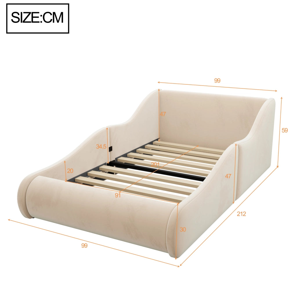 Letto imbottito 90x200 cm con sponde laterali in velluto beige