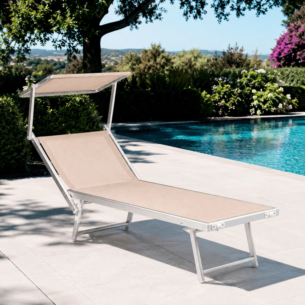 Lettino Prendisole Pieghevole Professionale In Alluminio E Tessuto Textilene Tettuccio Orientabile Tettino Parasole Sdraio Prendi Sole Mare Spiaggia Piscina Giardino 182 x 60 x 38 cm Beige