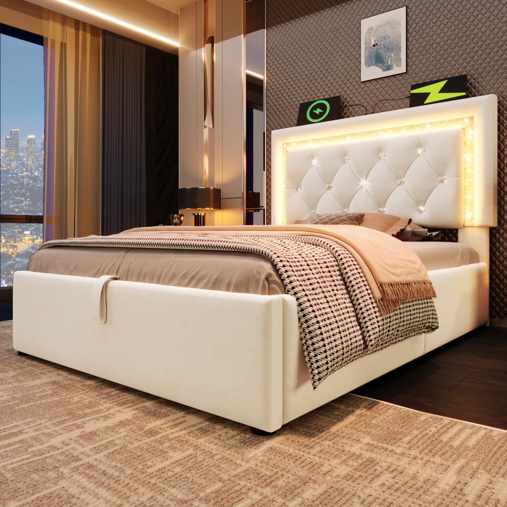 OKWISH Letto Singolo 90×200 cm con Contenitore, LED Regolabile, USB, Tipo C e Testiera Imbottita, Materasso Incluso, in Velluto, Beige