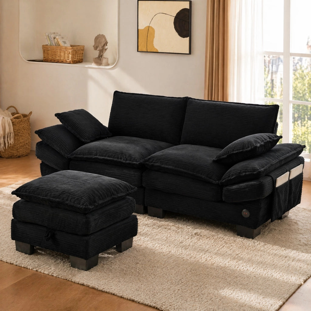 Divano 2 posti con pouf in corduroy nero; USB-C; tasche laterali e vano contenitore 190x132x84 cm