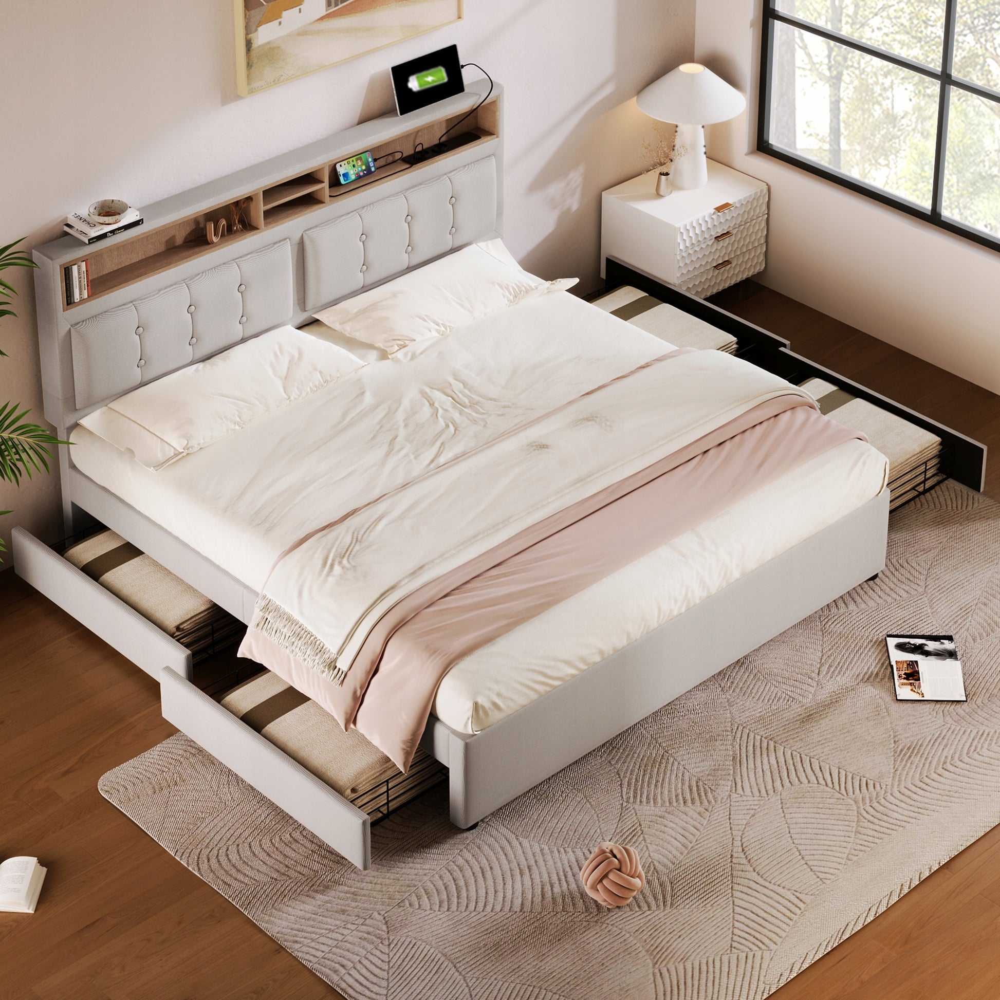 Letto imbottito con 4 cassetti e USB - Xylo - 160x200 - Testiera regolabile