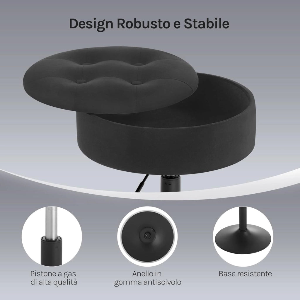 Set di 2 Sgabelli Piccolo da Bar in Velluto e Metallo, Sedia da Pranzo con Vano Portaoggetti, Sgabello Rotondo Girevole, Altezza Regolabile tra 49,5-65cm, Nero BH329sz-2