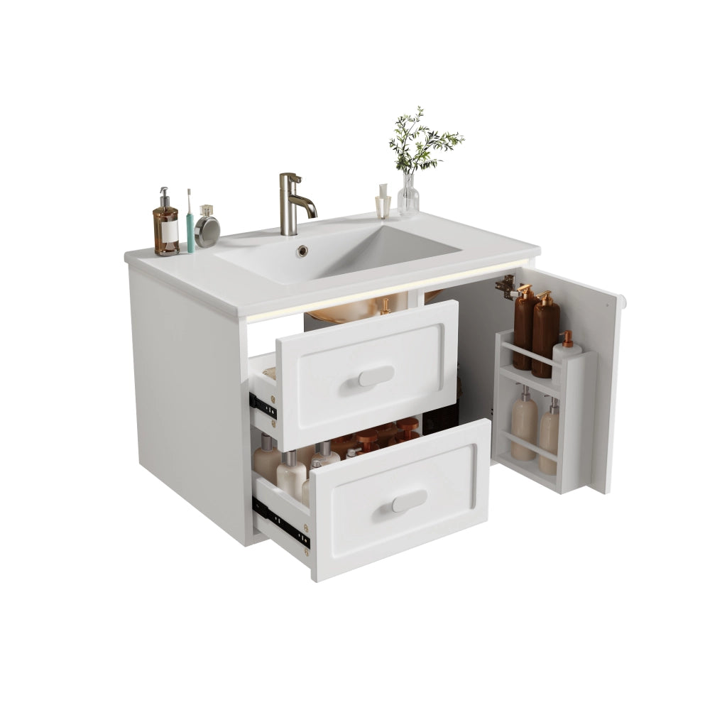 Mobile sottolavabo LED con 2 cassetti e 1 anta; sensore radar; in ceramica e MDF bianco; 76 × 46 × 51 cm