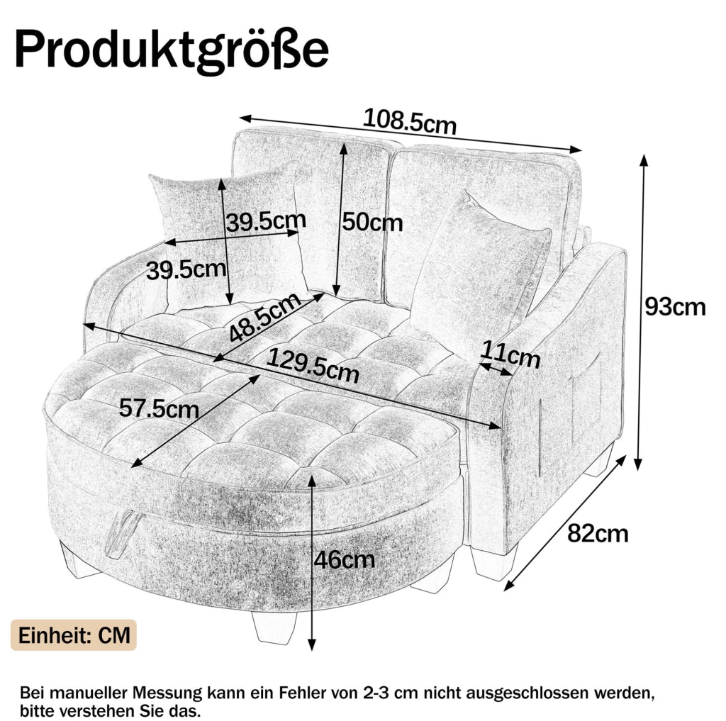 Divano letto 2 in 1 con pouf contenitore; 132x129x93 cm; eucalipto; nero