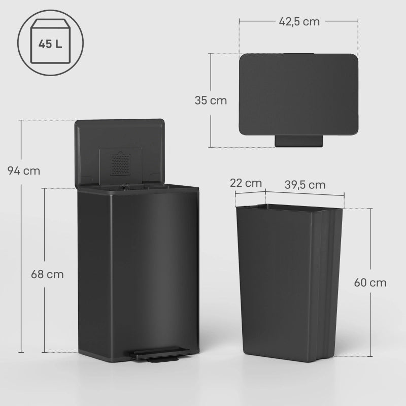 Pattumiera da cucina a pedale 45 L con coperchio soft-close e secchio interno estraibile