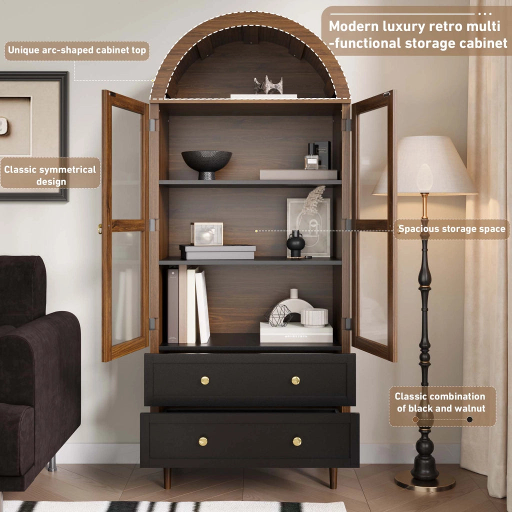 OKWISH Credenza Contenitore con Ripiani Regolabili e Anta in Vetro Rigato, Stile Retrò Moderno, MDF, Noce