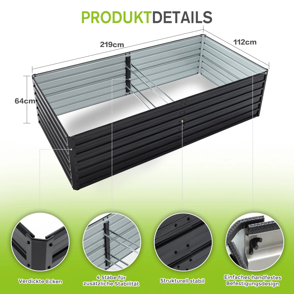 Set 2 Aiuole Rialzate in Metallo per Giardino ¨C MINIMAL ¨C 219x112x64 cm, Nero