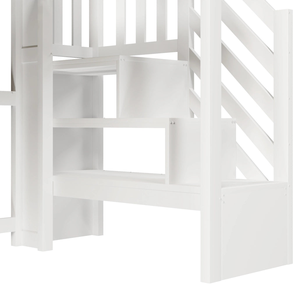 Letto a soppalco ULEVR 90x200 cm con LED, scala contenitore e vano aperto, bianco