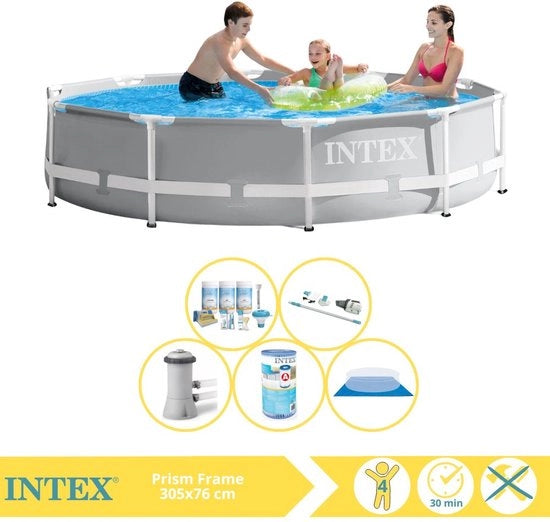 Piscina a Rete Intrecciata - Piscina da Montaggio - 305x76 cm - Incluso Kit di Manutenzione, Pompaggio, Filtro, Telo di Copertura e Aspirapolvere