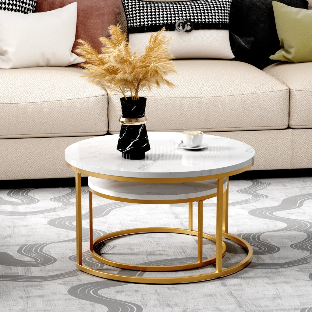 TAVOLINO DA CAFFÈ Set 2 Pezzi 80x45 cm Effetto Marmo Bianco con Struttura color oro