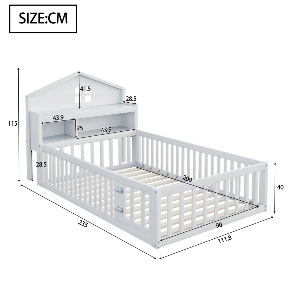 Letto per bambini 90 x 200 cm bianco a casetta con lavagna, ripiani, porta e rete a doghe