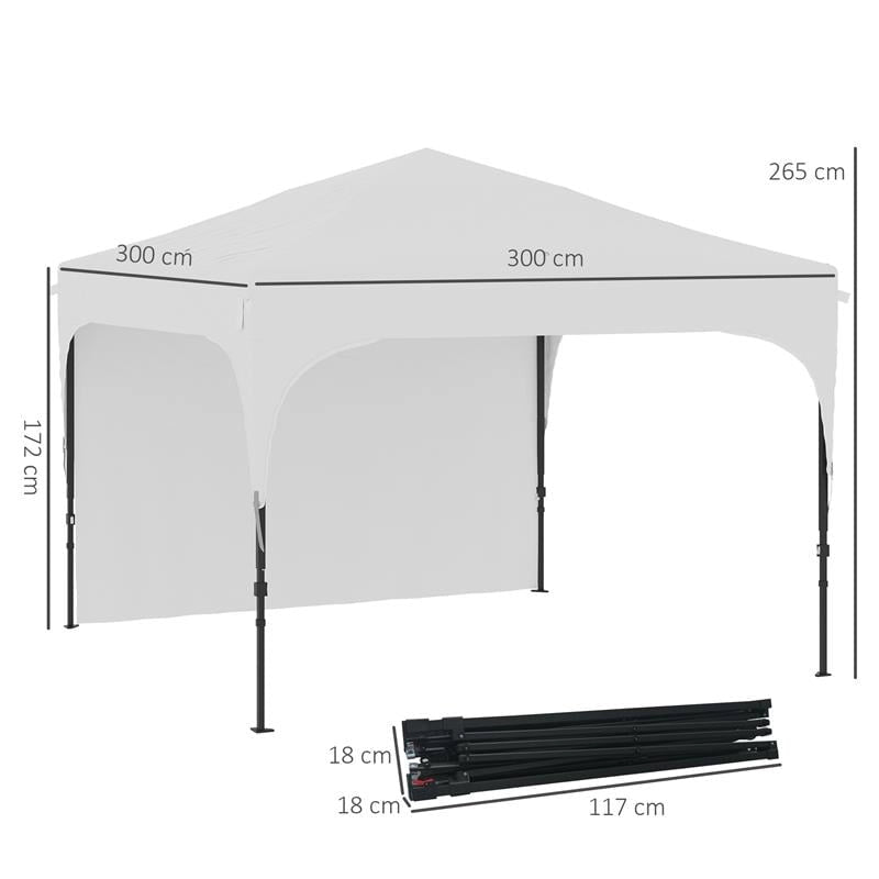 GAZEBO DA GIARDINO 3X3 M AD ALTEZZA REGOLABILE SU 3 LIVELLI, IN POLIESTERE E ACCIAIO, BIANCO