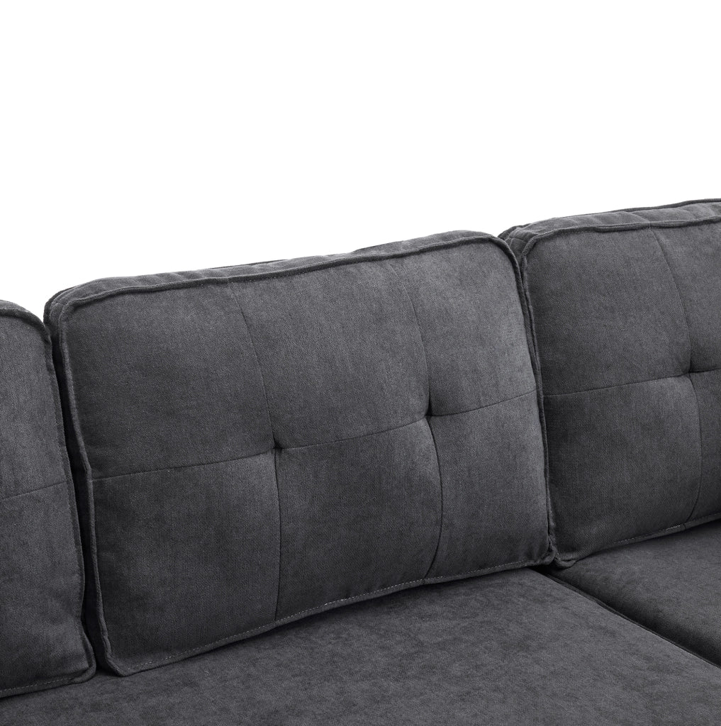 Divano letto con chaise longue reversibile; contenitore e portabicchieri in cotone e lino grigio