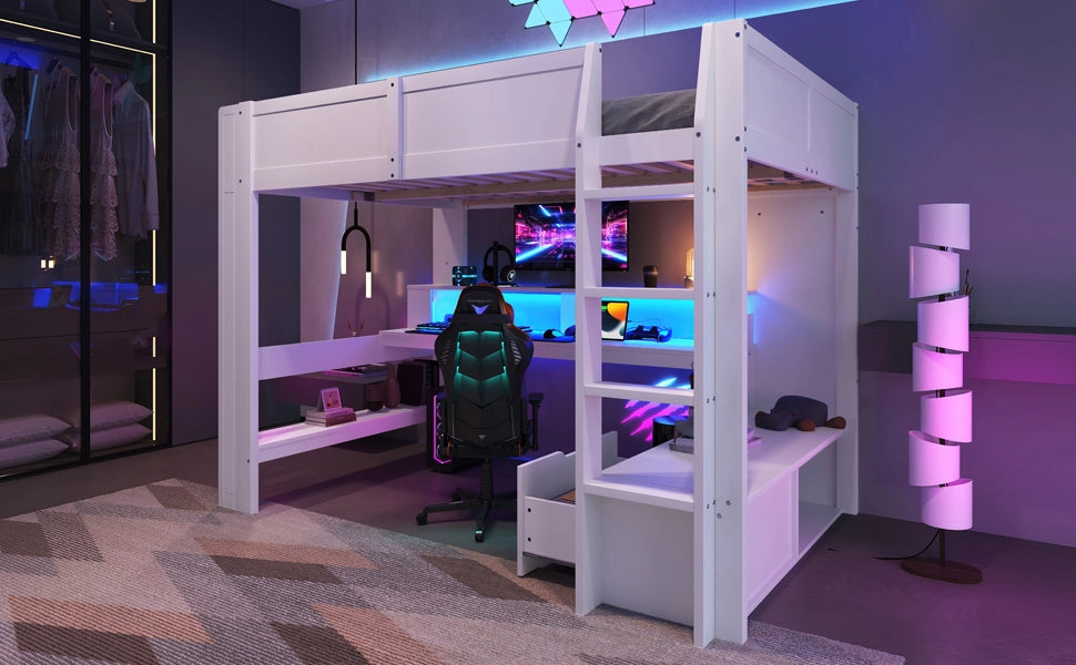 DESMIU Letto a Soppalco Matrimoniale con Scrivania, Cassetto, Mensole e LED 140 × 200 cm, Senza Materasso