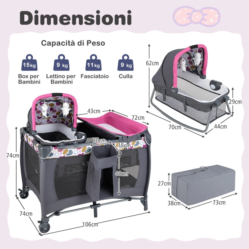 Box portatile per bambini con culla a dondolo e fasciatoio, Lettino pieghevole pack per neonati e bambini fino a 3 anni Rosa scuro-Culle